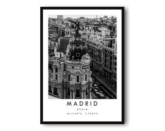 Impressão de viagem a Madrid: Paisagem urbana em preto e branco, Espanha. Arte de parede.