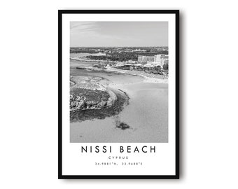 Nissi Beach Travel Print, Cyprus Poster, Black and White Print, Unique Wall Art,  Minimalist Home Decor, City  A1/A2/A3/A4/A5