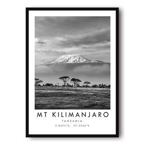 Mount Kilimanjaro Travel Print,  Africa Poster, Black and White Print, Minimalist Home Decor, City  A1/A2/A3/A4/A5