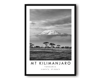 Mount Kilimanjaro Travel Print,  Africa Poster, Black and White Print, Minimalist Home Decor, City  A1/A2/A3/A4/A5