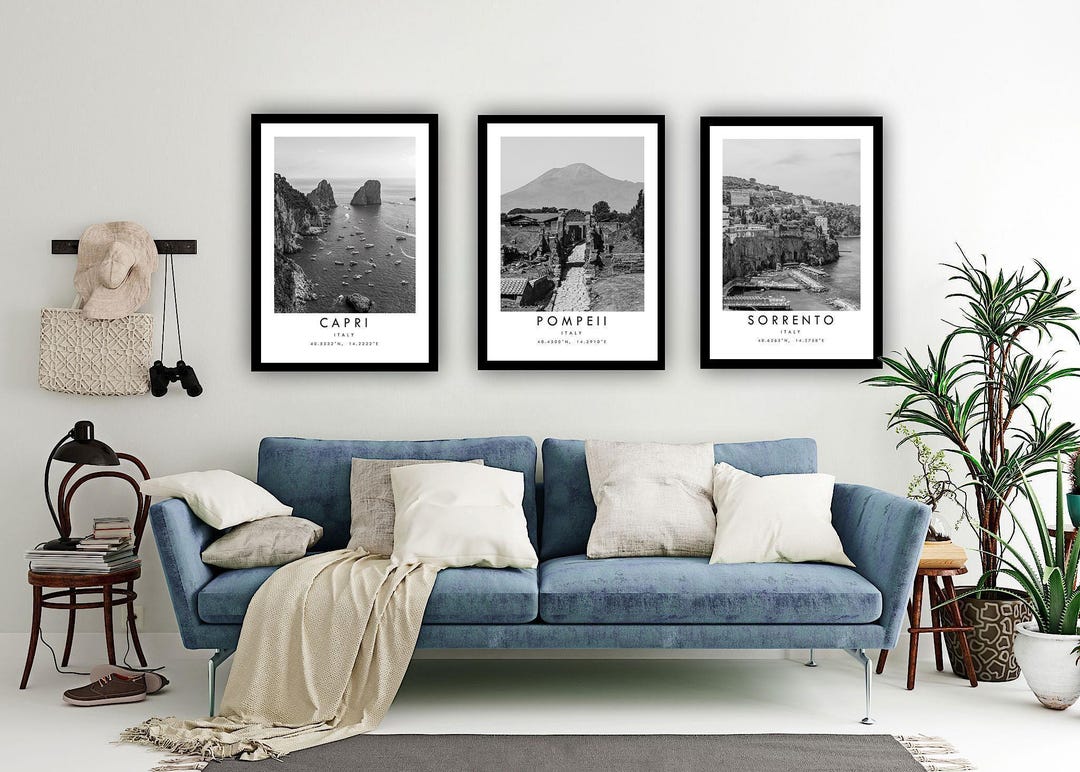 Italy Travel Print Set: Capri, Pompeii, Sorrento - Black and White
