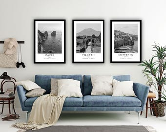 Italy Travel Print Set: Capri, Pompeii, Sorrento - Black and White