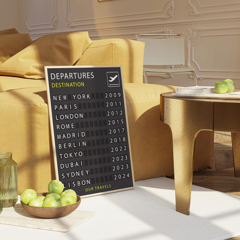 a departure board displaying the destinations of various cities, with a bowl of green apples and a wooden table nearby.