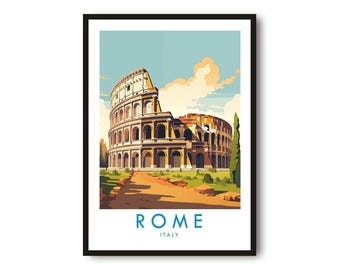 Puede incluir: Una impresión artística enmarcada que presenta una ilustración estilizada del Coliseo en Roma. La obra de arte representa el antiguo anfiteatro en tonos cálidos, con un cielo azul y la palabra "ROMA" debajo.