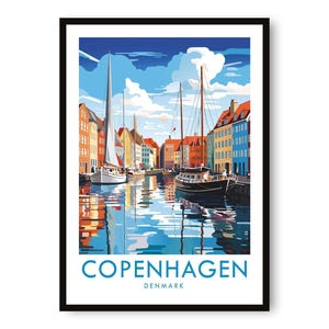 Pôster de viagem de Copenhague: impressão artística da Dinamarca, paisagem urbana colorida
