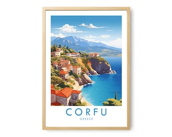 Stampa di viaggio di Corfù / Poster di Corfù, Grecia / Decorazione murale della Grecia / Poster di viaggio della Grecia / Stampa di un'isola greca / Decorazione murale costiera