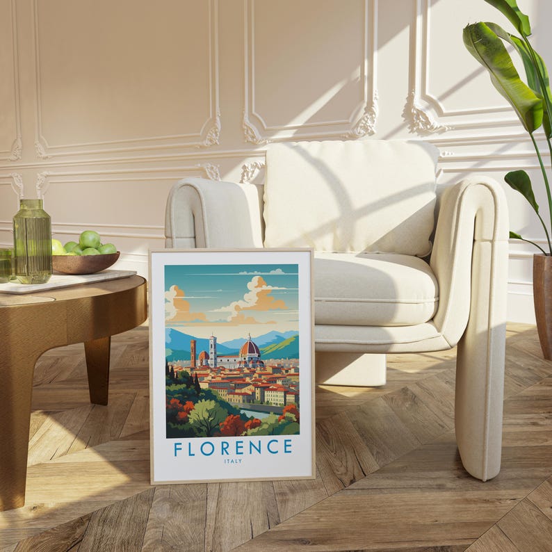 May include: A rectangular wall art print featuring a stylized illustration of the Florence, Italy skyline, including the Duomo and surrounding buildings, with the text FLORENCE ITALY printed in blue at the bottom against a light background.