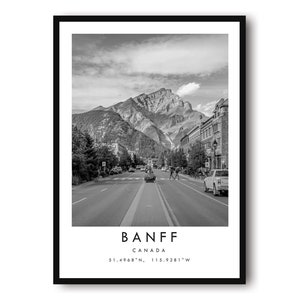 Banff Travel Print, Canada Poster, Black and White Print, Unique Wall Art,  Minimalist Home Decor, City  A1/A2/A3/A4/A5