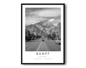 Banff Travel Print, Canada Poster, Black and White Print, Unique Wall Art,  Minimalist Home Decor, City  A1/A2/A3/A4/A5