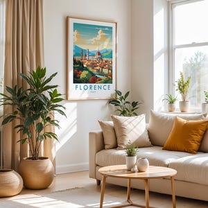 May include: A framed vertical wall art print featuring a stylized illustration of the Florence, Italy skyline with the Duomo, terracotta rooftops, and distant mountains under a blue sky, with the text FLORENCE ITALY printed at the bottom.