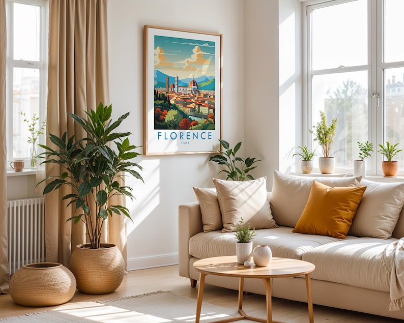 May include: A framed vertical wall art print featuring a stylized illustration of the Florence, Italy skyline with the Duomo, terracotta rooftops, and distant mountains under a blue sky, with the text FLORENCE ITALY printed at the bottom.