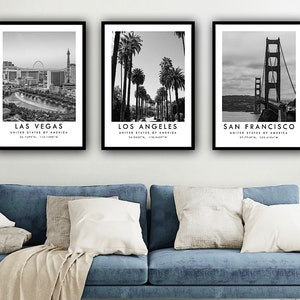 Set of 3 Travel Prints, America Travel Print Set Las Vegas Los Angeles San Francisco Minimalist Travel Posters, California prints
