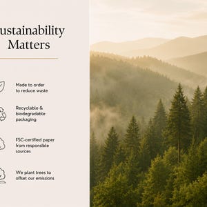 The image is a collage of several images depicting a forest with mountains in the background. The collage includes a close-up of the trees, a mountain range, and a cloudy sky. The text "Sustainability Matters" is displayed at the top, and the collage includes icons representing sustainable practices such as recycling, biodegradable packaging, and planting trees to offset emissions.