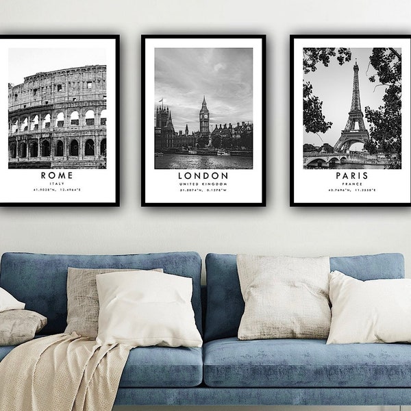 Italy Travel Prints Set of 3, Black and White Travel Print Set Rome London Paris, Minimalist Travel Posters, Photography  Popular Print