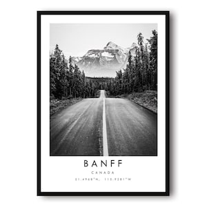 Banff Reisedruck, Schwarzweiß Reisedruck, Banff Kanada Druck, Minimalistische Reiseplakate, Beliebter Druck, Beliebtes Geschenk, Galeriewand