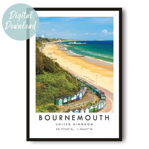 Poster di viaggio di Bournemouth in formato digitale / Decorazione murale minimalista / Stampa per la città