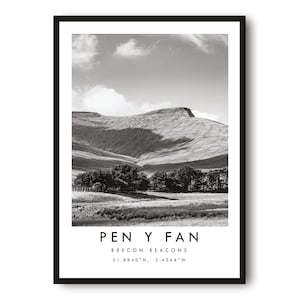 Pen Y Fan Travel Print,  Pen Y Fan Poster, Unique Wallart Decor, Black and White Home Decor, Brecon Minimalist Wallart A1/A2/A3/A4/A5