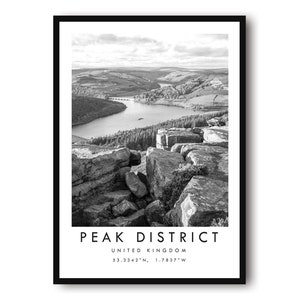 Peak District Travel Print, United Kingdom Poster, Black and White Print, Minimalist Home Decor, City  A1/A2/A3/A4/A5
