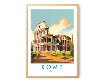 May include: A framed art print featuring a stylized illustration of the Colosseum in Rome, Italy. The image displays the ancient stone amphitheater under a light blue sky with clouds, set against a path and greenery, with the text ROME ITALY below.