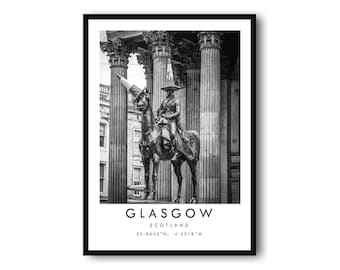 Glasgow reisprint | Muurdecoratie met standbeeld van de hertog van Wellington | Zwart-witfotografie van Schotland