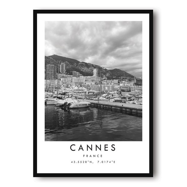 Impression de voyage à Cannes, affiche de Cannes, décoration art mural unique, décoration d'intérieur noir et blanc, France Cannes, impression populaire A1/A2/A3/A4/A5