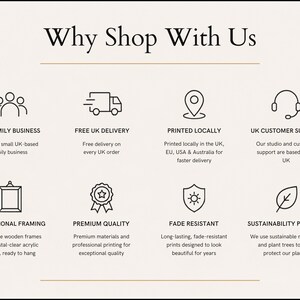 The image is a list of features and benefits of shopping with a particular company, including free delivery, UK family business support, premium quality, sustainability promise, and environmental framing.