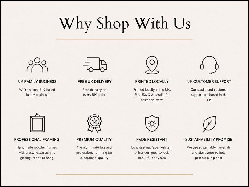 The image is a list of features and benefits of shopping with a particular company, including free delivery, UK family business support, premium quality, sustainability promise, and environmental framing.
