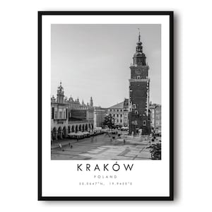 Impresión de viaje de Cracovia, póster de Cracovia, decoración de pared única, decoración del hogar en blanco y negro, arte de pared minimalista de Polonia A1/A2/A3/A4/A5