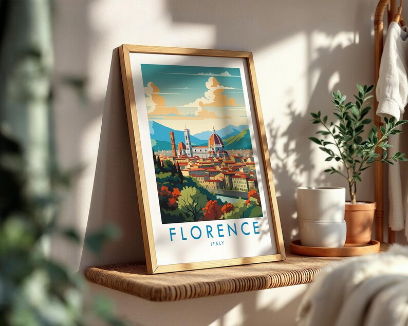May include: A framed art print featuring a stylized illustration of the Florence, Italy skyline, including the Duomo and Giotto's Campanile, with the text FLORENCE ITALY printed in blue at the bottom against a white background.