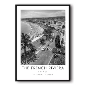 French Riviera Travel Print, France Poster, Black and White Print, Unique Wall Art,  Minimalist Home Decor, City  A1/A2/A3/A4/A5