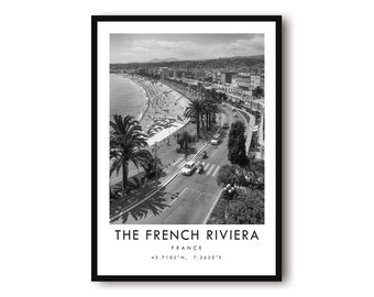French Riviera Travel Print, France Poster, Black and White Print, Unique Wall Art,  Minimalist Home Decor, City  A1/A2/A3/A4/A5