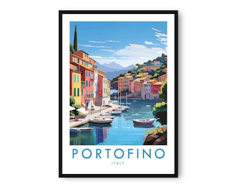 Portofino Italy Watercolor Art Print, Coastal Seascape (8x10