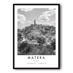 Matera Travel Print, Italy poster Poster, Black and White Print, Unique Wall Art,  Minimalist Home Decor, City  A1/A2/A3/A4/A5