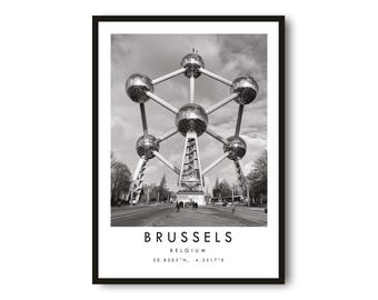 Brussels Atomium Print: Black and White Belgium Travel Poster
