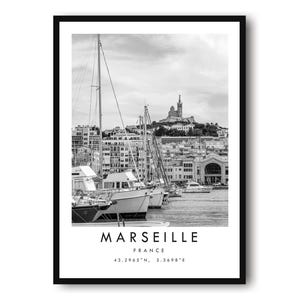Marseille France Print: Black and White Cityscape, Minimalist Wall Art image 1
