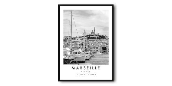 Marseille France Print: Black and White Cityscape, Minimalist Wall Art