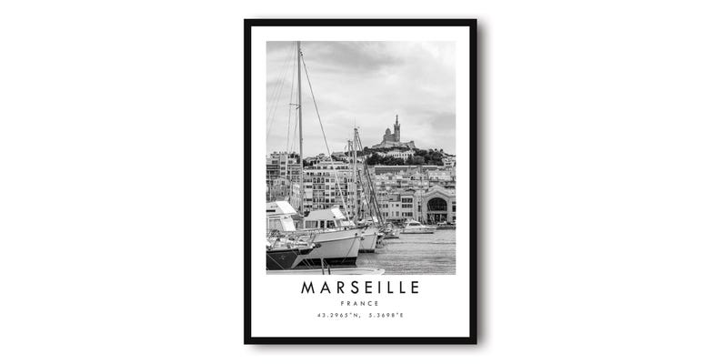 Marseille France Print: Black and White Cityscape, Minimalist Wall Art image 1