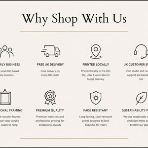 The image is a list of features and benefits of shopping with a particular company, including free delivery, UK family business support, premium quality, sustainability promise, and environmental framing.