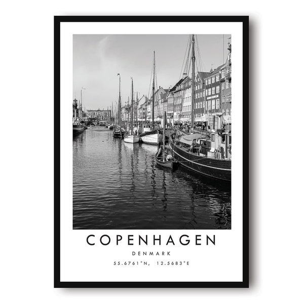 Impression de voyage à Copenhague, affiche du Danemark, impression noir et blanc, art mural unique, décoration d'intérieur minimaliste, ville A1/A2/A3/A4/A5