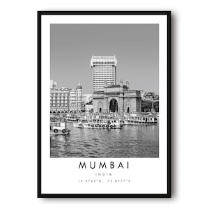 Mumbai Travel Print, plakat z Indii, czarno-biały wydruk, unikalna sztuka ścienna, minimalistyczny wystrój domu, miasto A1/A2/A3/A4/A5