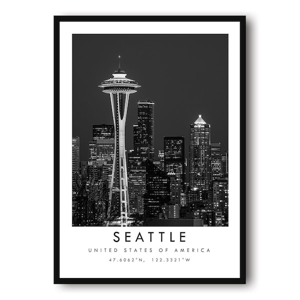 Seattle Travel Print, Black and White Travel Print, Seattle USA Print, Minimalist Travel Posters,Art   Popular Print, Popular Gift