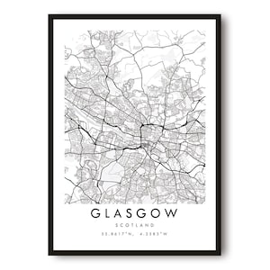 Impression de carte de Glasgow, impression d'affiche de Glasgow, impression de carte de la ville d'Écosse minimaliste, impressions de Glasgow, carte personnalisée A1/A2/A3/A4/A5