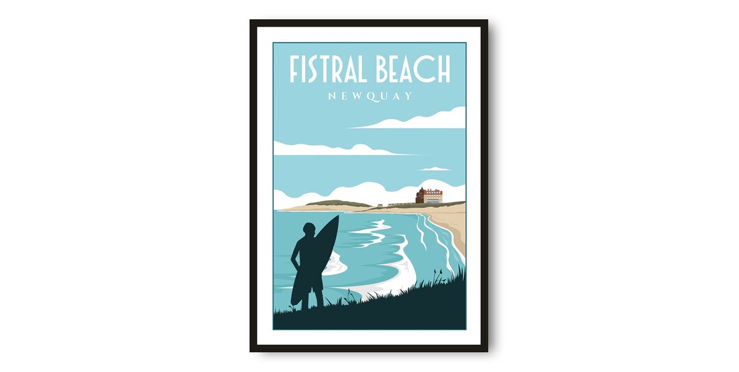 Fistral Beach Travel Poster, Newquay Poster Print, Cornwall Wall Art Minimalist, Newquay Prints