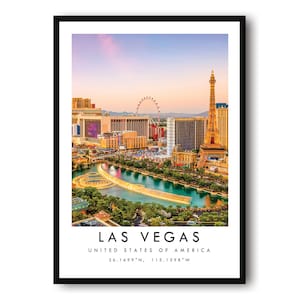 Impresión de viaje a Las Vegas, póster de Las Vegas, decoración de pared única, impresión en color, coordenadas, Las Vegas de Estados Unidos, pepita de oro, pared de galería