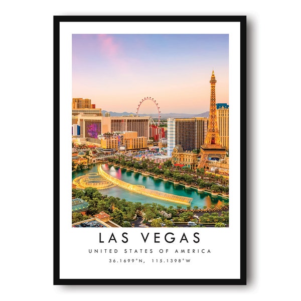 Impresión de viajes de Las Vegas, Cartel de Las Vegas, Decoración única de Wallart, Impresión en color, Coordenadas, America Las Vegas, Golden Nugget, Gallery Wall