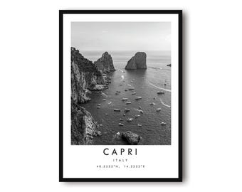 Stampa di Capri, Italia: poster di viaggio in bianco e nero, decorazione minimalista