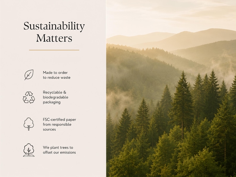The image is a collage of several images depicting a forest with mountains in the background. The collage includes a close-up of the trees, a mountain range, and a cloudy sky. The text "Sustainability Matters" is displayed at the top, and the collage includes icons representing sustainable practices such as recycling, biodegradable packaging, and planting trees to offset emissions.
