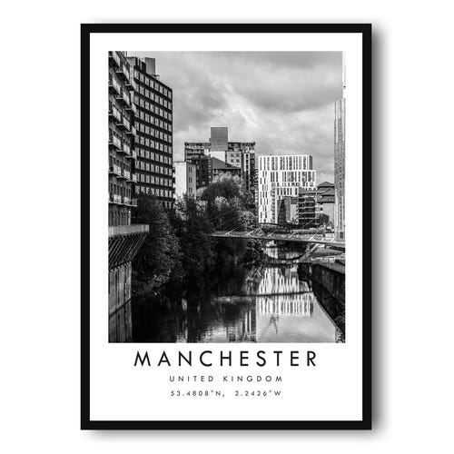 Impression paysage urbain de Manchester : décoration minimaliste en noir et blanc