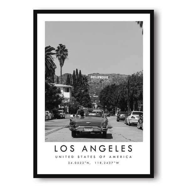 Los Angeles Travel Print, Hollywood Poster, Wall Art, Zwart-wit Print, coördinaten, Home Decor, Populaire Print, Gallery Wall