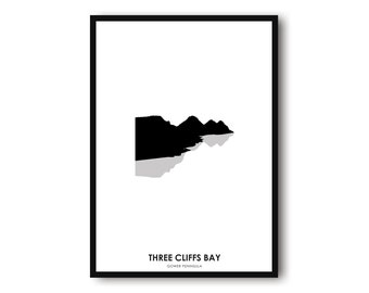 Three Cliffs Bay Print, Silhouette, Black and White, home, gift, wall art, Wales, Beach, house, landscape A1/A2/A3/A4/A5